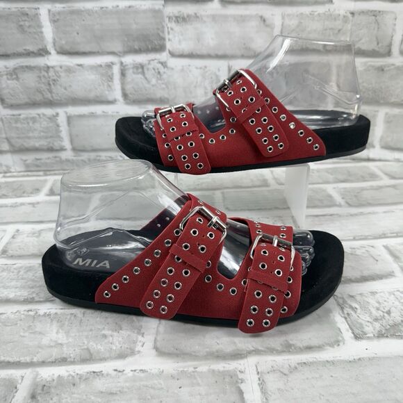 MIA Brooklyn Women’s Size 8 Red Two Strap Slip-On Buckle Slide Sandals - Picture 1 of 10